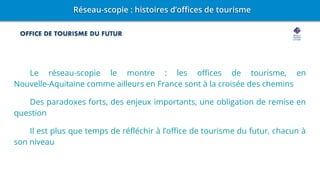 Le réseau-scopie le montre : les offices de tourisme, en
Nouvelle-Aquitaine comme ailleurs en France sont à la croisée des chemins
Des paradoxes forts, des enjeux importants, une obligation de remise en
question
Il est plus que temps de réfléchir à l’office de tourisme du futur, chacun à
son niveau
 