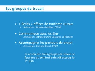 ▶ « Petits » offices de tourisme ruraux
▶ Animateur : Sébastien Mathieu, OTPML
▶ Communique avec les élus
▶ Animateur : Nathalie Durand Deshayes, La Rochelle
▶ Accompagner les porteurs de projet
▶ Animateur : Charlotte Genet, OTEM
Le rendu des trois groupes de travail se
fera lors du séminaire des directeurs le
1er juin
Les groupes de travail
 