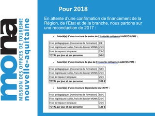 Pour 2018
En attente d’une confirmation de financement de la
Région, de l’Etat et de la branche, nous partons sur
une reconduction de 2017 :
 
