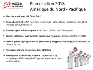 ➢ Marchés	prioritaires:	US	/	CAN	/	AUS
➢ Démarchage	BtoB	et	RP:	New	York	- Long	Island	- White	Plains	– Boston	en	mars	2018	
(Vinexpo	et	Goût	de	France)
➢ Eductour	agences	haut	de	gamme: Bordeaux,	Biarritz	et	La	Compagnie
➢ Soutien	spécifique,	augmentation	capacité	Air	Transat	sur	Bordeaux	(+39%	en	2018)
➢ Accueils	presse	(3	programmés	au	printemps)	/	bloggers	et	marketing	d’influence	sur	les	
réseaux	sociaux
➢ Campagne	digitale	orientée	produits	et	filières
➢ Participation	au	workshop	Australie :	septembre	2018,																																																										
sur	Sydney	et	Melbourne	(1	000	agences	attendues	au	total																																																											
sur	les	2	villes)
Plan	d’action	2018
Amérique	du	Nord	- Pacifique
 