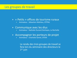 ▶ « Petits »	offices	de	tourisme	ruraux
▶ Animateur	:	Sébastien	Mathieu,	OTPML
▶ Communique	avec	les	élus
▶ Animateur	:	Nathalie	Durand	Deshayes,	La	Rochelle
▶ Accompagner	les	porteurs	de	projet
▶ Animateur	:	Charlotte	Genet,	OTEM
Le	rendu	des	trois	groupes	de	travail	se	
fera	lors	du	séminaire	des	directeurs	le	
1er juin
Les	groupes	de	travail
 