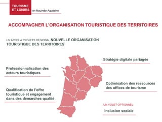 TOURISME
ET LOISIRS en Nouvelle-Aquitaine
ACCOMPAGNER L’ORGANISATION TOURISTIQUE DES TERRITOIRES
UN APPEL À PROJETS RÉGIONAL NOUVELLE ORGANISATION
TOURISTIQUE DES TERRITOIRES
Professionnalisation des
acteurs touristiques
Qualification de l’offre
touristique et engagement
dans des démarches qualité
Stratégie digitale partagée
Optimisation des ressources
des offices de tourisme
UN VOLET OPTIONNEL
Inclusion sociale
 