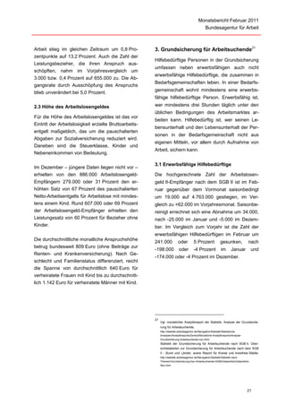 Monatsbericht Februar 2011
                                                                                                   Bundesagentur für Arbeit



Arbeit stieg im gleichen Zeitraum um 0,8 Pro-           3. Grundsicherung für Arbeitsuchende 21
zentpunkte auf 13,2 Prozent. Auch die Zahl der
                                                        Hilfebedürftige Personen in der Grundsicherung
Leistungsbezieher, die ihren Anspruch aus-
                                                        umfassen neben erwerbsfähigen auch nicht
schöpften, nahm im Vorjahresvergleich um
                                                        erwerbsfähige Hilfebedürftige, die zusammen in
3.000 bzw. 0,4 Prozent auf 655.000 zu. Die Ab-
                                                        Bedarfsgemeinschaften leben. In einer Bedarfs-
gangsrate durch Ausschöpfung des Anspruchs
                                                        gemeinschaft wohnt mindestens eine erwerbs-
blieb unverändert bei 5,0 Prozent.
                                                        fähige hilfebedürftige Person. Erwerbsfähig ist,
2.3 Höhe des Arbeitslosengeldes                         wer mindestens drei Stunden täglich unter den
                                                        üblichen Bedingungen des Arbeitsmarktes ar-
Für die Höhe des Arbeitslosengeldes ist das vor
                                                        beiten kann. Hilfebedürftig ist, wer seinen Le-
Eintritt der Arbeitslosigkeit erzielte Bruttoarbeits-
                                                        bensunterhalt und den Lebensunterhalt der Per-
entgelt maßgeblich, das um die pauschalierten
                                                        sonen in der Bedarfsgemeinschaft nicht aus
Abgaben zur Sozialversicherung reduziert wird.
                                                        eigenen Mitteln, vor allem durch Aufnahme von
Daneben sind die Steuerklasse, Kinder und
                                                        Arbeit, sichern kann.
Nebeneinkommen von Bedeutung.

                                                        3.1 Erwerbsfähige Hilfebedürftige
Im Dezember – jüngere Daten liegen nicht vor –
erhielten von den 886.000 Arbeitslosengeld-             Die hochgerechnete Zahl der Arbeitslosen-
Empfängern 279.000 oder 31 Prozent den er-              geld II-Empfänger nach dem SGB II ist im Feb-
höhten Satz von 67 Prozent des pauschalierten           ruar gegenüber dem Vormonat saisonbedingt
Netto-Arbeitsentgelts für Arbeitslose mit mindes-       um 19.000 auf 4.763.000 gestiegen, im Ver-
tens einem Kind. Rund 607.000 oder 69 Prozent           gleich zu +62.000 im Vorjahresmonat. Saisonbe-
der Arbeitslosengeld-Empfänger erhielten den            reinigt errechnet sich eine Abnahme um 34.000,
Leistungssatz von 60 Prozent für Bezieher ohne          nach -25.000 im Januar und -5.000 im Dezem-
Kinder.                                                 ber. Im Vergleich zum Vorjahr ist die Zahl der
                                                        erwerbsfähigen Hilfebedürftigen im Februar um
Die durchschnittliche monatliche Anspruchshöhe
                                                        241.000             oder         5 Prozent              gesunken,            nach
betrug bundesweit 809 Euro (ohne Beiträge zur
                                                        -198.000            oder         -4 Prozent             im       Januar        und
Renten- und Krankenversicherung). Nach Ge-
                                                        -174.000 oder -4 Prozent im Dezember.
schlecht und Familienstatus differenziert, reicht
die Spanne von durchschnittlich 640 Euro für
verheiratete Frauen mit Kind bis zu durchschnitt-
lich 1.142 Euro für verheiratete Männer mit Kind.




                                                        21
                                                             Vgl. monatlicher Analytikreport der Statistik, Analyse der Grundsiche-
                                                             rung für Arbeitsuchende,
                                                             http://statistik.arbeitsagentur.de/Navigation/Statistik/Statistische-
                                                             Analysen/Analytikreports/Zentral/Monatliche-Analytikreports/Analyse-
                                                             Grundsicherung-Arbeitsuchende-nav.html.
                                                             Statistik der Grundsicherung für Arbeitsuchende nach SGB II, Über-
                                                             sichtstabellen zur Grundsicherung für Arbeitsuchende nach dem SGB
                                                             II - Bund und Länder, sowie Report für Kreise und kreisfreie Städte,
                                                             http://statistik.arbeitsagentur.de/Navigation/Statistik/Statistik-nach-
                                                             Themen/Grundsicherung-fuer-Arbeitsuchende-SGBII/Ueberblick/Ueberblick-
                                                             Nav.html




                                                                                                                                     21
 