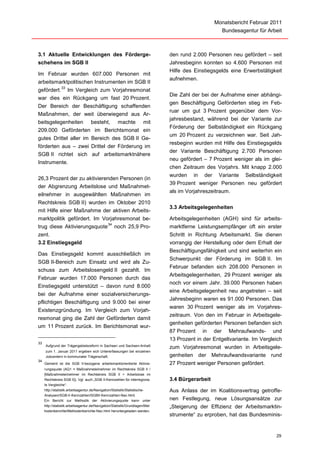 Monatsbericht Februar 2011
                                                                                                   Bundesagentur für Arbeit



3.1 Aktuelle Entwicklungen des Förderge-                                      den rund 2.000 Personen neu gefördert – seit
schehens im SGB II                                                            Jahresbeginn konnten so 4.600 Personen mit
                                                                              Hilfe des Einstiegsgelds eine Erwerbstätigkeit
Im Februar wurden 607.000 Personen mit
                                                                              aufnehmen.
arbeitsmarktpolitischen Instrumenten im SGB II
                33
gefördert. Im Vergleich zum Vorjahresmonat
                                                                              Die Zahl der bei der Aufnahme einer abhängi-
war dies ein Rückgang um fast 20 Prozent.
                                                                              gen Beschäftigung Geförderten stieg im Feb-
Der Bereich der Beschäftigung schaffenden
                                                                              ruar um gut 3 Prozent gegenüber dem Vor-
Maßnahmen, der weit überwiegend aus Ar-
                                                                              jahresbestand, während bei der Variante zur
beitsgelegenheiten besteht, machte mit
                                                                              Förderung der Selbständigkeit ein Rückgang
209.000 Geförderten im Berichtsmonat ein
                                                                              um 20 Prozent zu verzeichnen war. Seit Jah-
gutes Drittel aller im Bereich des SGB II Ge-
                                                                              resbeginn wurden mit Hilfe des Einstiegsgelds
förderten aus – zwei Drittel der Förderung im
                                                                              der Variante Beschäftigung 2.700 Personen
SGB II richtet sich auf arbeitsmarktnähere
                                                                              neu gefördert – 7 Prozent weniger als im glei-
Instrumente.
                                                                              chen Zeitraum des Vorjahrs. Mit knapp 2.000
                                                                              wurden in der Variante Selbständigkeit
26,3 Prozent der zu aktivierenden Personen (in
                                                                              39 Prozent weniger Personen neu gefördert
der Abgrenzung Arbeitslose und Maßnahmet-
                                                                              als im Vorjahreszeitraum.
eilnehmer in ausgewählten Maßnahmen im
Rechtskreis SGB II) wurden im Oktober 2010
                                                                              3.3 Arbeitsgelegenheiten
mit Hilfe einer Maßnahme der aktiven Arbeits-
marktpolitik gefördert. Im Vorjahresmonat be-                                 Arbeitsgelegenheiten (AGH) sind für arbeits-
                             34
trug diese Aktivierungsquote noch 25,9 Pro-                                   marktferne Leistungsempfänger oft ein erster
zent.                                                                         Schritt in Richtung Arbeitsmarkt. Sie dienen
3.2 Einstiegsgeld                                                             vorrangig der Herstellung oder dem Erhalt der
                                                                              Beschäftigungsfähigkeit und sind weiterhin ein
Das Einstiegsgeld kommt ausschließlich im
                                                                              Schwerpunkt der Förderung im SGB II. Im
SGB II-Bereich zum Einsatz und wird als Zu-
                                                                              Februar befanden sich 208.000 Personen in
schuss zum Arbeitslosengeld II gezahlt. Im
                                                                              Arbeitsgelegenheiten, 29 Prozent weniger als
Februar wurden 17.000 Personen durch das
                                                                              noch vor einem Jahr. 39.000 Personen haben
Einstiegsgeld unterstützt – davon rund 8.000
                                                                              eine Arbeitsgelegenheit neu angetreten – seit
bei der Aufnahme einer sozialversicherungs-
                                                                              Jahresbeginn waren es 91.000 Personen. Das
pflichtigen Beschäftigung und 9.000 bei einer
                                                                              waren 30 Prozent weniger als im Vorjahres-
Existenzgründung. Im Vergleich zum Vorjah-
                                                                              zeitraum. Von den im Februar in Arbeitsgele-
resmonat ging die Zahl der Geförderten damit
                                                                              genheiten geförderten Personen befanden sich
um 11 Prozent zurück. Im Berichtsmonat wur-
                                                                              87 Prozent in der Mehraufwands- und
                                                                              13 Prozent in der Entgeltvariante. Im Vergleich
33
     Aufgrund der Trägergebietsreform in Sachsen und Sachsen-Anhalt
                                                                              zum Vorjahresmonat wurden in Arbeitsgele-
     zum 1. Januar 2011 ergeben sich Untererfassungen bei einzelnen
     Jobcentern in kommunaler Trägerschaft.                                   genheiten der Mehraufwandsvariante rund
34
     Gemeint ist die SGB II-bezogene arbeitsmarktorientierte Aktivie-         27 Prozent weniger Personen gefördert.
     rungsquote (AQ1 = Maßnahmeteilnehmer im Rechtskreis SGB II /
     [Maßnahmeteilnehmer im Rechtskreis SGB II + Arbeitslose im
     Rechtskreis SGB II]). Vgl. auch „SGB II-Kennzahlen für interregiona-     3.4 Bürgerarbeit
     le Vergleiche“:
     http://statistik.arbeitsagentur.de/Navigation/Statistik/Statistische-    Aus Anlass der im Koalitionsvertrag getroffe-
     Analysen/SGB-II-Kennzahlen/SGBII-Kennzahlen-Nav.html.
     Ein Bericht zur Methodik der Aktivierungsquote kann unter                nen Festlegung, neue Lösungsansätze zur
     http://statistik.arbeitsagentur.de/Navigation/Statistik/Grundlagen/Met   „Steigerung der Effizienz der Arbeitsmarktin-
     hodenberichte/Methodenberichte-Nav.html heruntergeladen werden.
                                                                              strumente“ zu erproben, hat das Bundesminis-


                                                                                                                          29
 