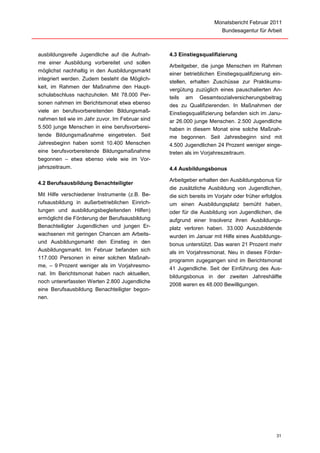 Monatsbericht Februar 2011
                                                                       Bundesagentur für Arbeit



ausbildungsreife Jugendliche auf die Aufnah-     4.3 Einstiegsqualifizierung
me einer Ausbildung vorbereitet und sollen
                                                 Arbeitgeber, die junge Menschen im Rahmen
möglichst nachhaltig in den Ausbildungsmarkt
                                                 einer betrieblichen Einstiegsqualifizierung ein-
integriert werden. Zudem besteht die Möglich-
                                                 stellen, erhalten Zuschüsse zur Praktikums-
keit, im Rahmen der Maßnahme den Haupt-
                                                 vergütung zuzüglich eines pauschalierten An-
schulabschluss nachzuholen. Mit 78.000 Per-
                                                 teils am Gesamtsozialversicherungsbeitrag
sonen nahmen im Berichtsmonat etwa ebenso        des zu Qualifizierenden. In Maßnahmen der
viele an berufsvorbereitenden Bildungsmaß-       Einstiegsqualifizierung befanden sich im Janu-
nahmen teil wie im Jahr zuvor. Im Februar sind   ar 26.000 junge Menschen. 2.500 Jugendliche
5.500 junge Menschen in eine berufsvorberei-     haben in diesem Monat eine solche Maßnah-
tende Bildungsmaßnahme eingetreten. Seit         me begonnen. Seit Jahresbeginn sind mit
Jahresbeginn haben somit 10.400 Menschen         4.500 Jugendlichen 24 Prozent weniger einge-
eine berufsvorbereitende Bildungsmaßnahme        treten als im Vorjahreszeitraum.
begonnen – etwa ebenso viele wie im Vor-
jahrszeitraum.                                   4.4 Ausbildungsbonus

                                                 Arbeitgeber erhalten den Ausbildungsbonus für
4.2 Berufsausbildung Benachteiligter
                                                 die zusätzliche Ausbildung von Jugendlichen,
Mit Hilfe verschiedener Instrumente (z.B. Be-    die sich bereits im Vorjahr oder früher erfolglos
rufsausbildung in außerbetrieblichen Einrich-    um einen Ausbildungsplatz bemüht haben,
tungen und ausbildungsbegleitenden Hilfen)       oder für die Ausbildung von Jugendlichen, die
ermöglicht die Förderung der Berufsausbildung    aufgrund einer Insolvenz ihren Ausbildungs-
Benachteiligter Jugendlichen und jungen Er-      platz verloren haben. 33.000 Auszubildende
wachsenen mit geringen Chancen am Arbeits-       wurden im Januar mit Hilfe eines Ausbildungs-
und Ausbildungsmarkt den Einstieg in den         bonus unterstützt. Das waren 21 Prozent mehr
Ausbildungsmarkt. Im Februar befanden sich       als im Vorjahresmonat. Neu in dieses Förder-
117.000 Personen in einer solchen Maßnah-
                                                 programm zugegangen sind im Berichtsmonat
me, – 9 Prozent weniger als im Vorjahresmo-
                                                 41 Jugendliche. Seit der Einführung des Aus-
nat. Im Berichtsmonat haben nach aktuellen,
                                                 bildungsbonus in der zweiten Jahreshälfte
noch untererfassten Werten 2.800 Jugendliche
                                                 2008 waren es 48.000 Bewilligungen.
eine Berufsausbildung Benachteiligter begon-
nen.




                                                                                               31
 