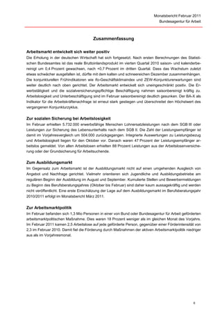 Monatsbericht Februar 2011
                                                                               Bundesagentur für Arbeit



                                       Zusammenfassung

Arbeitsmarkt entwickelt sich weiter positiv
Die Erholung in der deutschen Wirtschaft hat sich fortgesetzt. Nach ersten Berechnungen des Statisti-
schen Bundesamtes ist das reale Bruttoinlandsprodukt im vierten Quartal 2010 saison- und kalenderbe-
reinigt um 0,4 Prozent gewachsen, nach +0,7 Prozent im dritten Quartal. Dass das Wachstum zuletzt
etwas schwächer ausgefallen ist, dürfte mit dem kalten und schneereichen Dezember zusammenhängen.
Die konjunkturellen Frühindikatoren wie ifo-Geschäftsklimaindex und ZEW-Konjunkturerwartungen sind
weiter deutlich nach oben gerichtet. Der Arbeitsmarkt entwickelt sich uneingeschränkt positiv. Die Er-
werbstätigkeit und die sozialversicherungspflichtige Beschäftigung nahmen saisonbereinigt kräftig zu.
Arbeitslosigkeit und Unterbeschäftigung sind im Februar saisonbereinigt deutlich gesunken. Der BA-X als
Indikator für die Arbeitskräftenachfrage ist erneut stark gestiegen und überschreitet den Höchstwert des
vergangenen Konjunkturzyklus.


Zur sozialen Sicherung bei Arbeitslosigkeit
Im Februar erhielten 5.732.000 erwerbsfähige Menschen Lohnersatzleistungen nach dem SGB III oder
Leistungen zur Sicherung des Lebensunterhalts nach dem SGB II. Die Zahl der Leistungsempfänger ist
damit im Vorjahresvergleich um 504.000 zurückgegangen. Integrierte Auswertungen zu Leistungsbezug
und Arbeitslosigkeit liegen für den Oktober vor. Danach waren 47 Prozent der Leistungsempfänger ar-
beitslos gemeldet. Von allen Arbeitslosen erhielten 88 Prozent Leistungen aus der Arbeitslosenversiche-
rung oder der Grundsicherung für Arbeitsuchende.


Zum Ausbildungsmarkt
Im Gegensatz zum Arbeitsmarkt ist der Ausbildungsmarkt nicht auf einen umgehenden Ausgleich von
Angebot und Nachfrage gerichtet. Vielmehr orientieren sich Jugendliche und Ausbildungsbetriebe am
regulären Beginn der Ausbildung im August und September. Kumulierte Stellen und Bewerbermeldungen
zu Beginn des Berufsberatungsjahres (Oktober bis Februar) sind daher kaum aussagekräftig und werden
nicht veröffentlicht. Eine erste Einschätzung der Lage auf dem Ausbildungsmarkt im Berufsberatungsjahr
2010/2011 erfolgt im Monatsbericht März 2011.


Zur Arbeitsmarktpolitik
Im Februar befanden sich 1,3 Mio Personen in einer von Bund oder Bundesagentur für Arbeit geförderten
arbeitsmarktpolitischen Maßnahme. Dies waren 18 Prozent weniger als im gleichen Monat des Vorjahrs.
Im Februar 2011 kamen 2,5 Arbeitslose auf jede geförderte Person, gegenüber einer Förderintensität von
2,3 im Februar 2010. Damit fiel die Förderung durch Maßnahmen der aktiven Arbeitsmarktpolitik niedriger
aus als im Vorjahresmonat.




                                                                                                   6
 