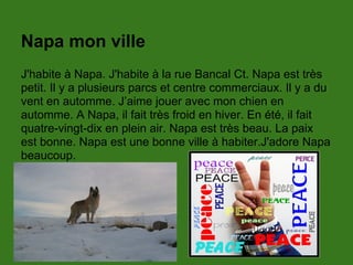 Napa mon ville
J'habite à Napa. J'habite à la rue Bancal Ct. Napa est très
petit. Il y a plusieurs parcs et centre commerciaux. Il y a du
vent en automme. J’aime jouer avec mon chien en
automme. A Napa, il fait très froid en hiver. En été, il fait
quatre-vingt-dix en plein air. Napa est très beau. La paix
est bonne. Napa est une bonne ville à habiter.J'adore Napa
beaucoup.
 