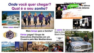 Uma  casa  nova? Mais  tempo  para a família? O  carro   de seus sonhos? Matt & Kim  Curtis, de  carpinteiro a  Black Diam ond e seu Onde  você quer chegar? Qual é o seu  sonho ? Férias  pagas? Grupo de Executivos Diamantes em um Cruzeiro pelo Mar Mediterrâneo  Liberdade financeira? Brig Hart recebendo  o bônus  de 1 Milh ão de dólares  