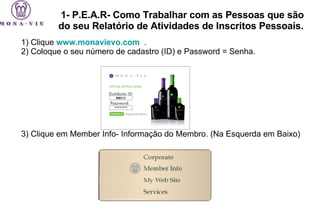 1- P.E.A.R- Como Trabalhar com as Pessoas que são do seu Relatório de Atividades de Inscritos Pessoais.  1) Clique  www.monavievo.com   . 2) Coloque o seu número de cadastro (ID) e Password = Senha. 3) Clique em Member Info- Informação do Membro. (Na Esquerda em Baixo) ******** 800111 