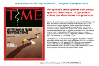 http://www.time.com/time/magazine/article/0,9171,1562978-7,00.html Por que nos preocupamos com coisas que nao deveriamos ...e ignoramos coisas que deveriamos nos preocupar. We can do better, however, and leaders in government and industry can help. The residual parts of our primitive brains may not give us any choice beyond fighting or fleeing. But the higher reasoning we've developed over millions of years gives us far greater--and far more nuanced--options. Officials who provide hard, honest numbers and a citizenry that takes the time to understand them would not only mean a smarter nation, but a safer one. [This article contains a complex diagram. Please see hardcopy or pdf.] TOTAL ANNUAL DEATHS 2.5 MILLION Homicide 17,732 Suicide 31,484  Terrified of bees, snakes and swimming pools? ACCIDENTS 109,277 Maybe you should worry more about your heart DISEASES 2.3 million Other diseases 681,150 Diabetes 74,219 Chronic lower-respiratory disease 126,382 Stroke 157,689 Cancer 556,902 Heart disease 685,089 All other deaths 8,364 Sources: Centers for Disease Control and Prevention; National Transportation Safety Board  Why We Worry About The Things We Shouldn't... ...And Ignore The Things We Should   