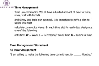 Time Management Time is a commodity. We all have a limited amount of time to work, relax, visit with friends and family and build our business. It is important to have a plan to utilize this most valuable commodity wisely. In each time slot for each day, designate one of the following activities:  W  = Work  R  = Recreation/Family Time  B  = Business Time Time Management Worksheet 48-Hour Assignment “ I am willing to make the following time commitment for _____ Months.” 