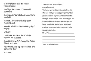 Is it by chance that the Roger Federers and the Tiger Woodses of the world dominate their sports? What about MonaVie’s top field leaders…do they wake up each morning and wonder what it is they’re doing right? Highly unlikely. Let’s take a look at the 10-Step Pattern for Success found in the M.A.P. (MonaVie Action Plan)* and see how MonaVie’s top field leaders are achieving their success. 1   determine your “why” and your dreams for monavie The human spirit can be an indomitable force. It is often said that if you have a big enough “why,” then you can overcome any “how,” and accomplish that which you set your mind to. Think about why you are in this business—do you want more time with your family, more flexible working hours, better health, or a better career opportunity?—and write it in the space provided below. My “why” is:_________________________________ ____________________________________________ ____________________________________________ ____________________________________________. This is my MonaVie dream. 