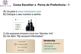 A ) Va para o  www.monavievo.com   B) Coloque o seu numero e senha. C) Na esquerda embaixo clicar em “Member Info” D) Vai Abrir “My account Information”  Como Escolher a  Perna de Prefer ê ncia - 1 ******** 800111 Membership Enroll New Distributor   My Account   M.O.R.E. Project   
