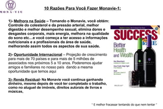   1)-  Melhora na Saúde  – Tomando o Monavie, você obtém: Controle do colesterol e da pressão arterial, melhor digestão e melhor desempenho sexual, elimina dores e desgastes corporais, mais energia, melhora na qualidade do sono etc…e você começa a ter acesso a informações nutricionais e a profissionais da área de saúde, melhorando assim todos os aspectos de sua saúde.   2)-  Oportunidade Internacional   – Projeção de crescimento para mais de 70 países e para mais de 5 milhões de associados nos próximos 5 a 10 anos. Poderemos ajudar amigos e familiares no nosso país  dando a mesma oportunidade que temos aqui 3)- Renda Residual - Na Monavie você continua ganhando dinheiro, mesmo depois de você ter completado o trabalho, como no aluguel de imóveis, direitos autorais de livros e músicas,  “   E melhor fracassar tentando do que nem tentar  ”  10 Razões Para Você Fazer Monavie-1: 