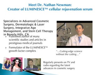 Meet Dr. Nathan Newman:
     Creator of LUMINESCE™ cellular rejuvenation serum


Specializes in Advanced Cosmetic
Surgery, Dermatologic & Laser
Surgery, Integrative Age
Management, and Stem Cell Therapy
in Beverly Hills, CA.
  Published author of many
    scientific studies and articles in
    prestigious medical journals
    Formulator of the LUMINESCE™
     growth factor complex               “…Cutting-edge science
                                         without the cutting…”


                              Regularly presents on TV and
                              radio regarding the latest
                              advances in cosmetic surgery
 
