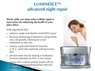 LUMINESCE™
                      advanced night repair

Works while you sleep–when cellular repair is
most active–by enhancing the health of your
skin’s DNA.
With ingredients that:
   enhance single and double strand DNA repair
   decrease shortening of telomeres and promote
    new cell growth, allowing for easier
    exfoliation of old cells
   contain a powerful blend of Vitamins
    A, B, C, and E that replenish and rejuvenate
    skin
   prevent water loss by locking in hydration;
    increase hydration by 85% in two weeks
   restore skin’s natural protein levels with an
    exclusive patent-pending formula derived
    from adult stem cells
 