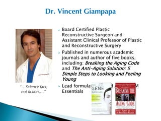 Dr. Vincent Giampapa

                     Board Certified Plastic
                      Reconstructive Surgeon and
                      Assistant Clinical Professor of Plastic
                      and Reconstructive Surgery
                     Published in numerous academic
                      journals and author of five books,
                      including: Breaking the Aging Code
                      and The Anti-Aging Solution: 5
                      Simple Steps to Looking and Feeling
                      Young
“…Science fact,      Lead formulator behind AM and PM
 not fiction….”       Essentials
 