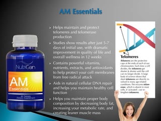AM Essentials

   Helps maintain and protect
    telomeres and telomerase
    production
   Studies show results after just 5-7
    days of initial use, with dramatic
    improvement in quality of life and
    overall wellness in 12 weeks
   Contains powerful vitamins,
    nutrients, extracts, and antioxidants
    to help protect your cell membranes
    from free radical attack
   Aids in natural cellular DNA repair
    and helps you maintain healthy cell
    function
   Helps you maintain proper body
    composition by decreasing body fat,
    increasing your metabolic rate, and
    creating leaner muscle mass
 