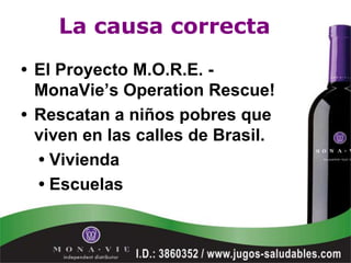 La causa correcta
• El Proyecto M.O.R.E. -
  MonaVie’s Operation Rescue!
• Rescatan a niños pobres que
  viven en las calles de Brasil.
  • Vivienda
  • Escuelas
 