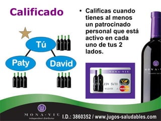 Calificado   • Calificas cuando
               tienes al menos
               un patrocinado
               personal que está
               activo en cada
               uno de tus 2
               lados.
 