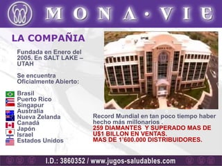 LA COMPAÑIA
Fundada en Enero del
2005. En SALT LAKE –
UTAH
Se encuentra
Oficialmente Abierto:
Brasil
Puerto Rico
Singapur
Australia
Nueva Zelanda           Record Mundial en tan poco tiempo haber
Canadá                  hecho más millonarios .
Japón                   259 DIAMANTES Y SUPERADO MAS DE
Israel                  U$1 BILLON EN VENTAS.
Estados Unidos          MAS DE 1’600.000 DISTRIBUIDORES.
 