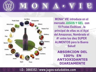 MONA* VIE introduce en el
mercado JUGOS Y GEL con
   19 Frutas Exóticas , la
principal de ellas es el Açai
del Amazonas, Nombrado el
  #1 entre los diez SUPER
 ALIMENTOS para la Buena
           Salud!
  ABSORCION DEL
     100% EN
  ANTIOXIDANTES
   DIARIAMENTE
 