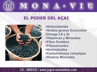 EL PODER DEL AÇAI

        Antioxidantes
        Ácidos grasos Esenciales
        (Omega 3,6 y 9)
        Vitaminas y Minerales
        Fibra Dietética
        Fitonutrientes
        Aminoácidos
        Carbohidratos complejos
        Rastros Minerales
 