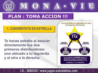 PLAN : TOMA ACCION !!!

 1. CONVIÉRTETE EN ESTRELLA


Te haces estrella al asociar
directamente tus dos
primeros distribuidores:
uno ubicado a tu izquierda
y el otro a la derecha.
 