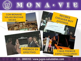 CON MONAVIE
VIAJAS MUCHAS
   VECES…..




            PREMIOS EN
                          Y MAS PREMIOS
            EFECTIVO….
                         ESPECTACULARES!
 