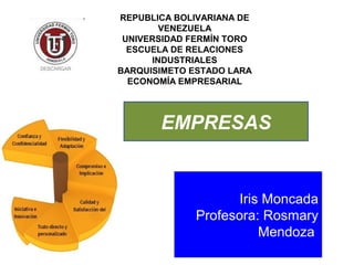 REPUBLICA BOLIVARIANA DE
        VENEZUELA
 UNIVERSIDAD FERMÍN TORO
  ESCUELA DE RELACIONES
      INDUSTRIALES
BARQUISIMETO ESTADO LARA
  ECONOMÍA EMPRESARIAL




       EMPRESAS


                    Iris Moncada
             Profesora: Rosmary
                        Mendoza
 