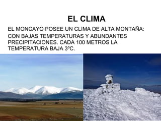 EL CLIMA
EL MONCAYO POSEE UN CLIMA DE ALTA MONTAÑA:
CON BAJAS TEMPERATURAS Y ABUNDANTES
PRECIPITACIONES. CADA 100 METROS LA
TEMPERATURA BAJA 3ºC.
 