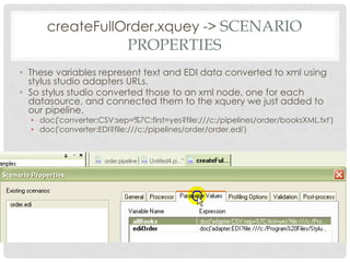 createFullOrder.xquey -> SCENARIO

PROPERTIES

• These variables represent text and EDI data converted to xml using
stylus studio adapters URLs.
• So stylus studio converted those to an xml node, one for each
datasource, and connected them to the xquery we just added to
our pipeline.

• doc('converter:CSV:sep=%7C:first=yes?file:///c:/pipelines/order/booksXML.txt')
• doc('converter:EDI?file:///c:/pipelines/order/order.edi')

 