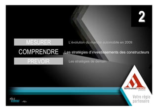 2
      MESURER             L’évolution du marché automobile en 2009


COMPRENDRE              Les stratégies d’investissements des constructeurs

          PREVOIR         Les stratégies de demain




 - 13 -
                    1
13
 