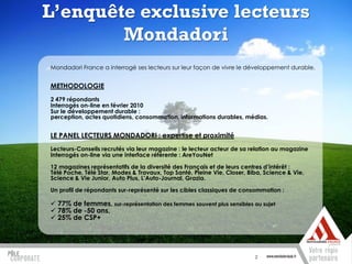 L’enquête exclusive lecteurs
        Mondadori
Mondadori France a interrogé ses lecteurs sur leur façon de vivre le développement durable.


METHODOLOGIE
2 479 répondants
Interrogés on-line en février 2010
Sur le développement durable :
perception, actes quotidiens, consommation, informations durables, médias.


LE PANEL LECTEURS MONDADORI : expertise et proximité
Lecteurs-Conseils recrutés via leur magazine : le lecteur acteur de sa relation au magazine
Interrogés on-line via une interface référente : AreYouNet

12 magazines représentatifs de la diversité des Français et de leurs centres d’intérêt :
Télé Poche, Télé Star, Modes & Travaux, Top Santé, Pleine Vie, Closer, Biba, Science & Vie,
Science & Vie Junior, Auto Plus, L’Auto-Journal, Grazia.

Un profil de répondants sur-représenté sur les cibles classiques de consommation :

 77% de femmes, sur-représentation des femmes souvent plus sensibles au sujet
 78% de -50 ans,
 25% de CSP+




                                                                         2
 