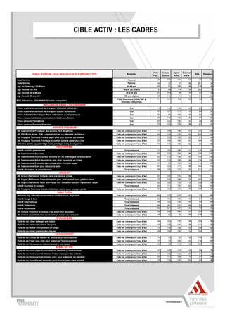 CIBLE ACTIV ::LES CADRES
                                                            CIBLE ACTIV LES CADRES




                                                                                                                    Auto    L'Auto-   Sport    Science
               Indice d'affinité - tout item dont le % d'affinité > 10%                      Modalités
                                                                                                                    Plus    Journal   Auto      et Vie
                                                                                                                                                         Biba    Diapason

Sexe homme                                                                                    Homme                   124       130      131       107      32        128
Sexe femme                                                                                    Femme                    44        30       27        84     261         34
Age de l'interrogé 25/49 ans                                                                 25-49 ans                102        91      104        94     116         39
Age Recodé -35 ans                                                                       Moins de 35 ans               93        68      114        86     200         13
Age Recodé 35 à 49 ans                                                                     35 à 49 ans                107       103       99        98      80         52
Age Recodé 50 ans et +                                                                    50 ans et plus               95       118       91       112      59        226
                                                                                   PDG, Directeurs, DGA PME &         111       121      108       106      89        105
PDG, Directeurs, DGA PME & Grandes entreprises
                                                                                      Grandes entreprises
                           INFLUENCE DANS L'ENTREPRISE
Choix matériel et services de transport Véhicules utilitaires                                   Oui                   115       113      178       108      63         76
Choix matériel et services de transport Voiture de fonction                                     Oui                   137       127      171       110      69         81
Choix matériel informatique Micro-ordinateurs et périphériques                                  Oui                    91        95      124       124      92        125
Choix réseaux et télécommunications Téléphonie Mobile                                           Oui                   108       116      159       130      77        159
Choix services Formations                                                                       Oui                   107       120      155        91      99         97
Choix services Produits financiers                                                              Oui                   115       123      153        88      87         31
                                     ACHATS PREMIUM
Att. Gastronomie Privilégier des alcools haut de gamme                             Cela me correspond tout à fait     117       148      188       101     120        229
Att. Vêt.,Mode,acces. Prêt à payer plus cher un vêtement de marque                 Cela me correspond tout à fait      92       124      120       102     205        103
Att. Voyages, Tourisme Préfère payer plus cher formule sur-mesure                  Cela me correspond tout à fait     111       123      159       122      91        144
Att. Voyages, Tourisme Privilégie le confort quitte à payer plus cher              Cela me correspond tout à fait     137       149      190       107     164        107
Attitudes achète appareil High Tech, privilégie marq. haut gamme                   Cela me correspond tout à fait     173       176      185       102      85        198
                                         HEDONISME
Intérêt cuisine, gastronomie                                                              Très intéressé              111       103      186       113     114        178
Att. Gastronomie Gourmet                                                           Cela me correspond tout à fait     100       125      184        84     139        245
Att. Gastronomie Ouvrir bonne bouteille vin ou champagne sans occasion             Cela me correspond tout à fait     105       113      149       100     125        208
Att. Gastronomie Achat régulier de vins chez vignerons ou foires                   Cela me correspond tout à fait     102       119      196        84     119        243
Att. Gastronomie S'investir dans préparation d'un bon repas                        Cela me correspond tout à fait      91        98      126        98     118        102
Att. Gastronomie Soin pour décorer la table                                        Cela me correspond tout à fait     107       123      177        89     190        119
Intérêt décoration et ameublement                                                         Très intéressé               96       123      112        91     211        111
                                             ARGENT
Att. Argent,Patrimoine Compte dans une banque privée                               Cela me correspond tout à fait     107       106      115       106     115        142
Att. Argent,Patrimoine Conseils auprès gest. patri.-portef. pour gestion biens     Cela me correspond tout à fait      72       125      164       132     145        121
Att. Argent,Patrimoine Faire face coups dur, constitue épargne rapidement dispo.   Cela me correspond tout à fait     102       102      115       112     109         54
Intérêt tourisme et voyages                                                               Très intéressé               93       111      122       100     139        154
Att. Voyages, Tourisme Essaie de faire au moins deux voyages par an                Cela me correspond tout à fait      93       103      134        95     188         85
                                          HIGH TECH
Attitudes rég. informé nouveautés en matière équip. High-tech.                     Cela me correspond tout à fait     204       177      215       141      70        196
Intérêt Image & Son                                                                       Très intéressé              162       154      195       119      61        186
Intérêt Informatique                                                                      Très intéressé              149       129      128       144      55        194
Intérêt Téléphonie                                                                        Très intéressé              184       181      221       106      83         34
Intérêt automobile                                                                        Très intéressé              292       321      427        89      75        106
Att. Voiture Pour moi la voiture c'est avant tout un plaisir                       Cela me correspond tout à fait     234       259      354        91     129         83
Att. Voiture La voiture c'est seulement un moyen de transport                      Cela me correspond tout à fait      49        46       40        99     108        120
                                         DYNAMISME
Style de vie Aimer partager ses loisirs                                            Cela me correspond tout à fait      94       102      125        94     149         89
Style de vie Aimer convaincre les gens                                             Cela me correspond tout à fait     116       126      134        98     111         90
Style de vie Mettre énergie dans un projet                                         Cela me correspond tout à fait     112       134      128       125     124        150
Style de vie Aimer prendre des risques                                             Cela me correspond tout à fait     126       158      195       114     155        118
                                        ENGAGEMENT
Style de vie Limiter sa vitesse en voiture pour moins polluer                      Cela me correspond tout à fait      76        79       55       134     155         95
Style de vie Payer plus cher pour préserver l'environnement                        Cela me correspond tout à fait      77        72      108       122     119        187
Style de vie Se consacrer bénévolement à une cause                                 Cela me correspond tout à fait     104        78      113        90     103        111
                                         IDEAL DE VIE
Style de vie Avoir objectif prioritaire vie familiale et harmonieuse               Cela me correspond tout à fait     127       105      113       119      74         78
Style de vie Avoir vie prof. intense et bien s'occuper des enfants                 Cela me correspond tout à fait     117       108      110       107      91         44
Style de vie Renoncer à promotion prof. pour préserver vie familiale               Cela me correspond tout à fait     122       117      104       117      47         64
Style de vie Travailler est essentiel pour trouver place dans société              Cela me correspond tout à fait     115       116      133       103      93         40
 