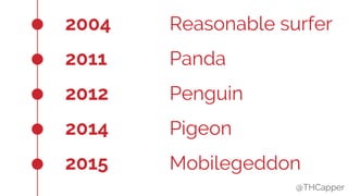@THCapper
2004 Reasonable surfer
2011 Panda
2012 Penguin
2014 Pigeon
2015 Mobilegeddon
@THCapper
 