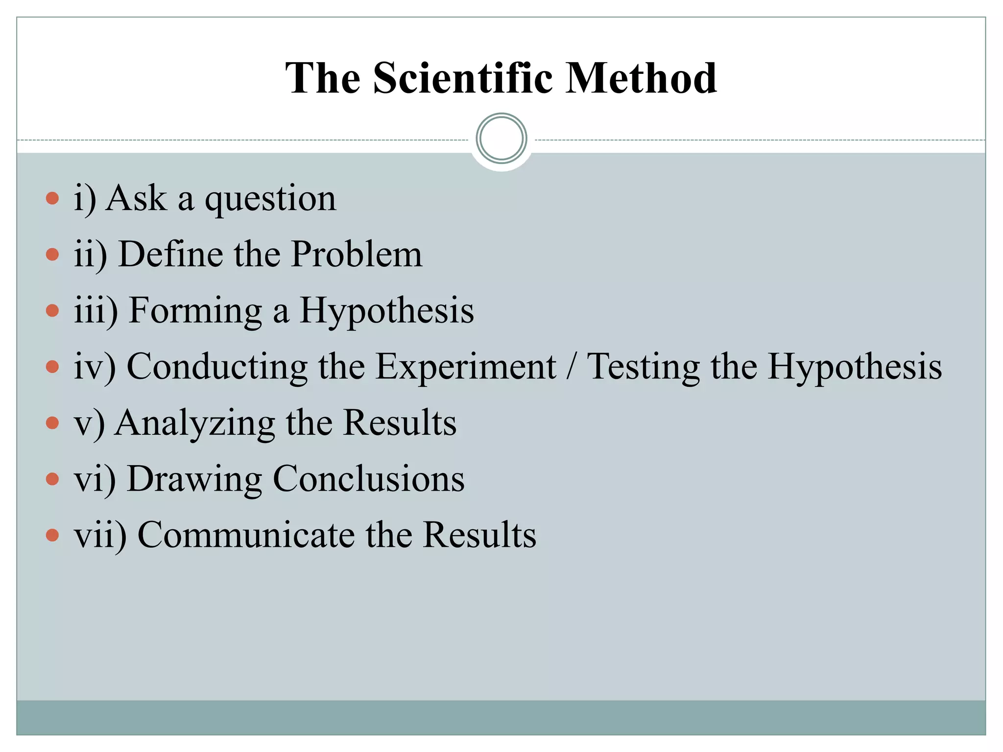 The Scientific Method
 i) Ask a question
 ii) Define the Problem
 iii) Forming a Hypothesis
 iv) Conducting the Experiment / Testing the Hypothesis
 v) Analyzing the Results
 vi) Drawing Conclusions
 vii) Communicate the Results
 