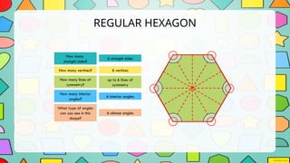 REGULAR HEXAGON
6 straight sides
6 vertices
up to 6 lines of
symmetry
6 interior angles
How many
straight sides?
How many vertices?
How many lines of
symmetry?
How many interior
angles?
What type of angles
can you see in this
shape?
6 obtuse angles
 