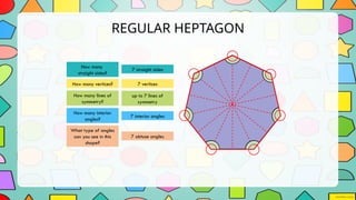 REGULAR HEPTAGON
7 straight sides
7 vertices
up to 7 lines of
symmetry
7 interior angles
How many
straight sides?
How many vertices?
How many lines of
symmetry?
How many interior
angles?
What type of angles
can you see in this
shape?
7 obtuse angles
 