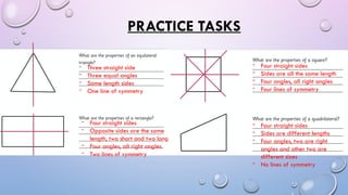 PRACTICE TASKS
- Three straight side
- Three equal angles
- Same length sides
- One line of symmetry
- Four straight sides
- Opposite sides are the same
length, two short and two long
- Four angles, all right angles
- Two lines of symmetry
- Four straight sides
- Sides are all the same length
- Four angles, all right angles
- Four lines of symmetry
- Four straight sides
- Sides are different lengths
- Four angles, two are right
angles and other two are
different sizes
- No lines of symmetry
 
