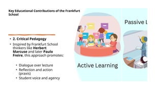 • 2. Critical Pedagogy
• Inspired by Frankfurt School
thinkers like Herbert
Marcuse and later Paulo
Freire, this approach promotes:
• Dialogue over lecture
• Reflection and action
(praxis)
• Student voice and agency
Key Educational Contributions of the Frankfurt
School
 