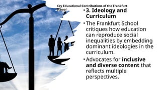 •3. Ideology and
Curriculum
•The Frankfurt School
critiques how education
can reproduce social
inequalities by embedding
dominant ideologies in the
curriculum.
•Advocates for inclusive
and diverse content that
reflects multiple
perspectives.
Key Educational Contributions of the Frankfurt
School
 