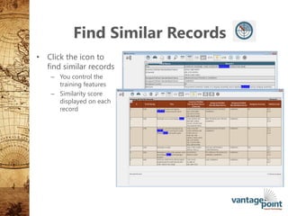 Find Similar Records
• Click the icon to
find similar records
– You control the
training features
– Similarity score
displayed on each
record
 
