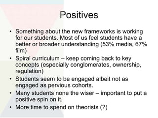 Positives
• Something about the new frameworks is working
for our students. Most of us feel students have a
better or broader understanding (53% media, 67%
film)
• Spiral curriculum – keep coming back to key
concepts (especially conglomerates, ownership,
regulation)
• Students seem to be engaged albeit not as
engaged as pervious cohorts.
• Many students none the wiser – important to put a
positive spin on it.
• More time to spend on theorists (?)
 