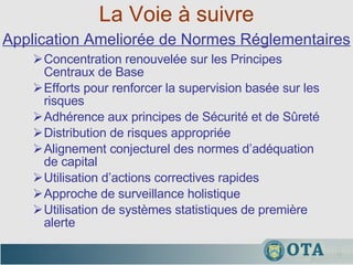 La Voie à suivre Concentration renouvelée sur les Principes Centraux de Base Efforts pour renforcer la supervision basée sur les risques Adhérence aux principes de Sécurité et de Sûreté  Distribution de risques appropriée Alignement conjecturel des normes d’adéquation de capital  Utilisation d’actions correctives rapides Approche de surveillance holistique Utilisation de systèmes statistiques de première alerte  Application Ameliorée de Normes Réglementaires 