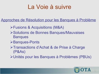 La Voie à suivre Fusions & Acquisitions (M&A) Solutions de Bonnes Banques/Mauvaises Banques Banques-Ponts Transactions d’Achat & de Prise à Charge (P&As) Unités pour les Banques à Problèmes (PBUs) Approches de Résolution pour les Banques à Problème 