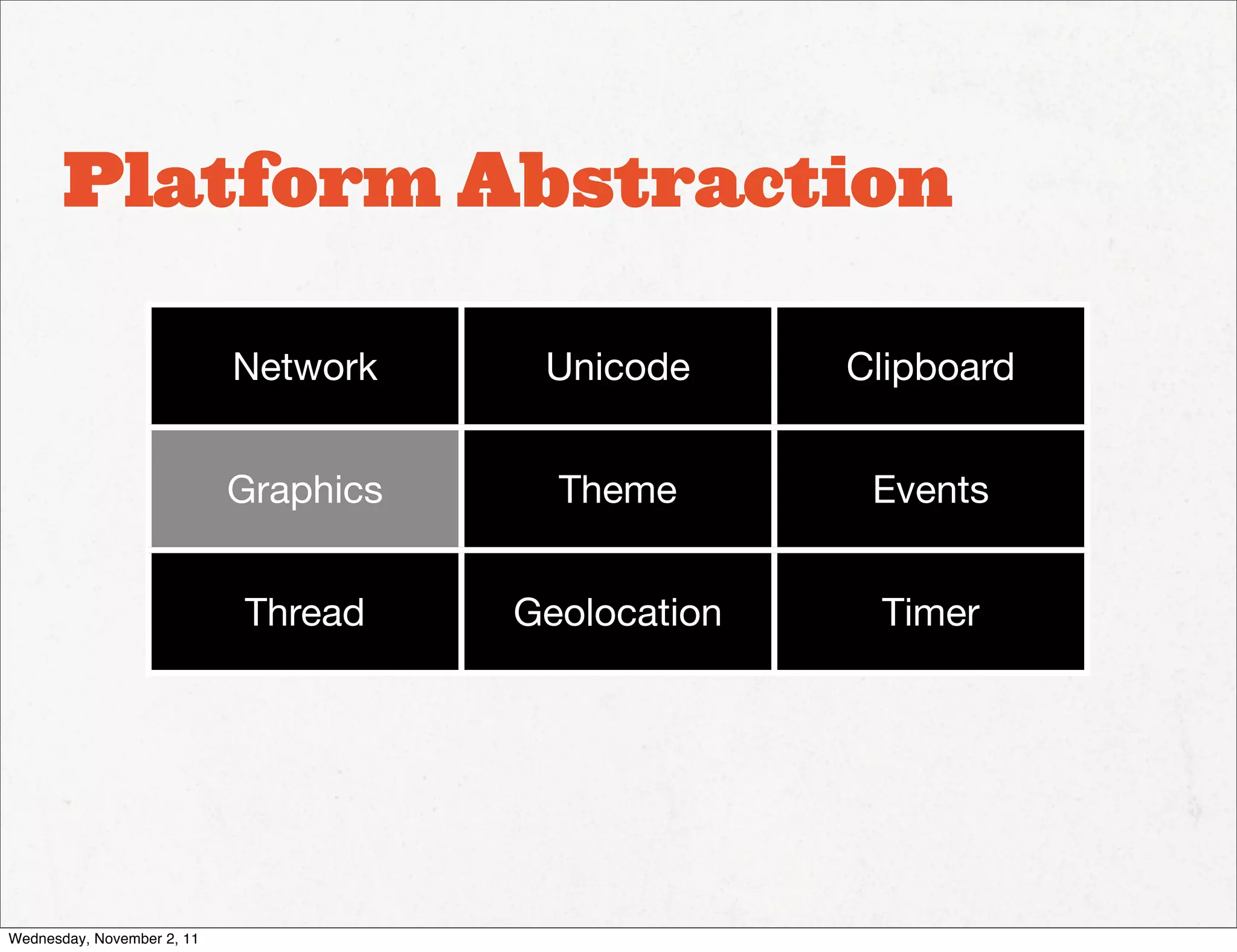 Platform Abstraction

                            Network     Unicode      Clipboard


                            Graphics     Theme        Events


                            Thread     Geolocation    Timer




Wednesday, November 2, 11
 