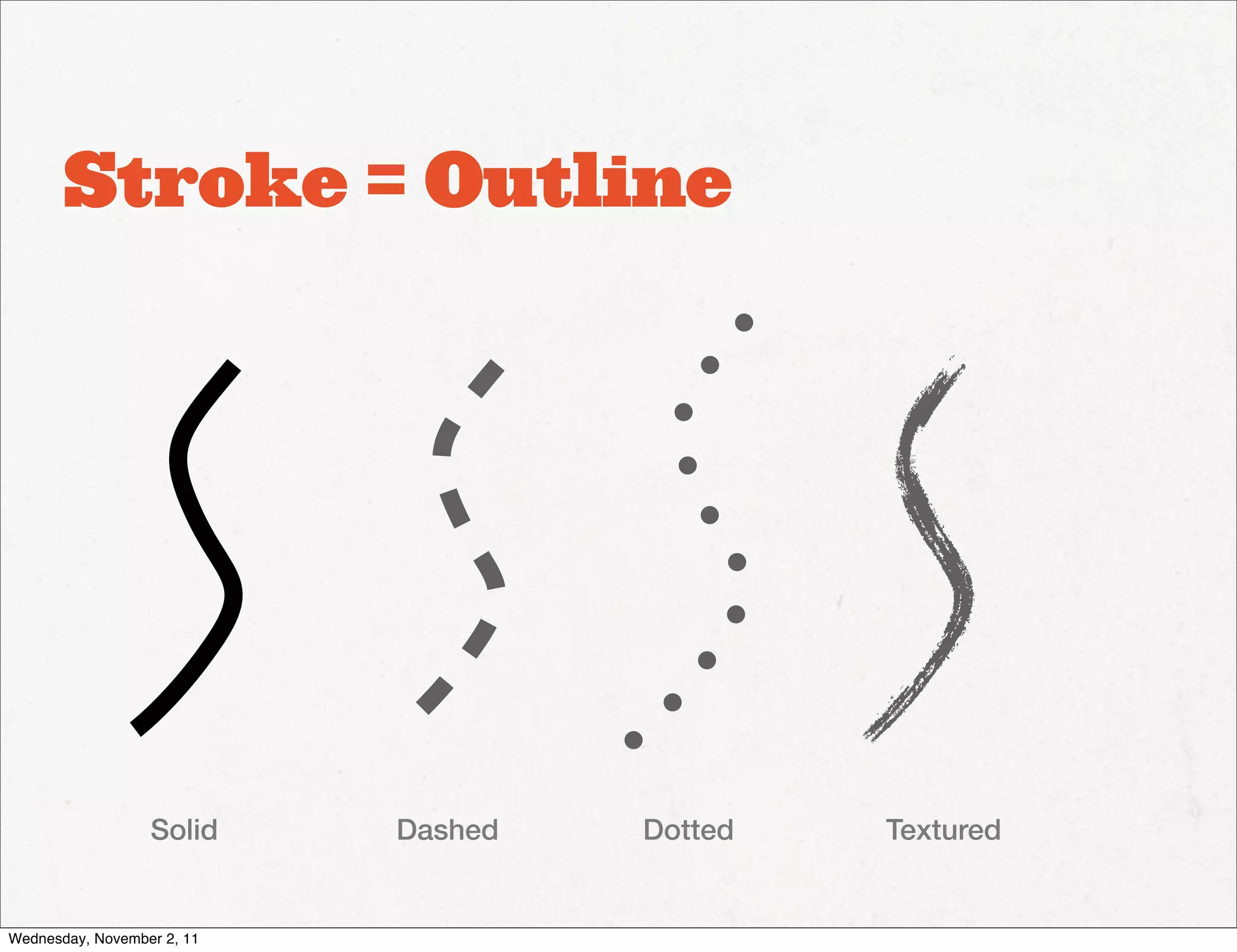 Stroke = Outline




                  Solid     Dashed   Dotted   Textured


Wednesday, November 2, 11
 