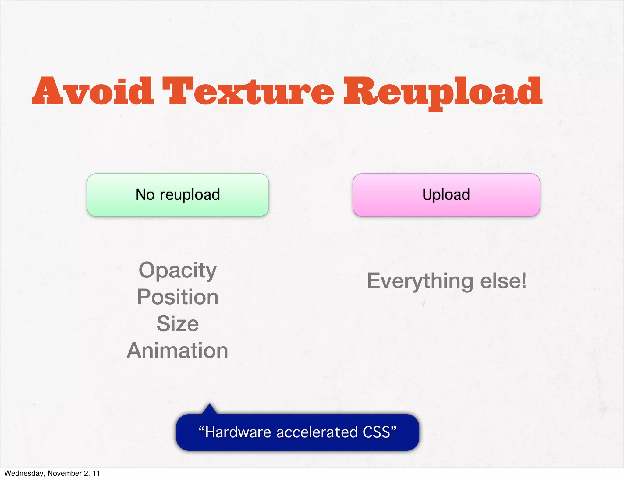 Avoid Texture Reupload

                            No reupload                          Upload




                             Opacity                     Everything else!
                             Position
                              Size
                            Animation


                                    “Hardware accelerated CSS”

Wednesday, November 2, 11
 