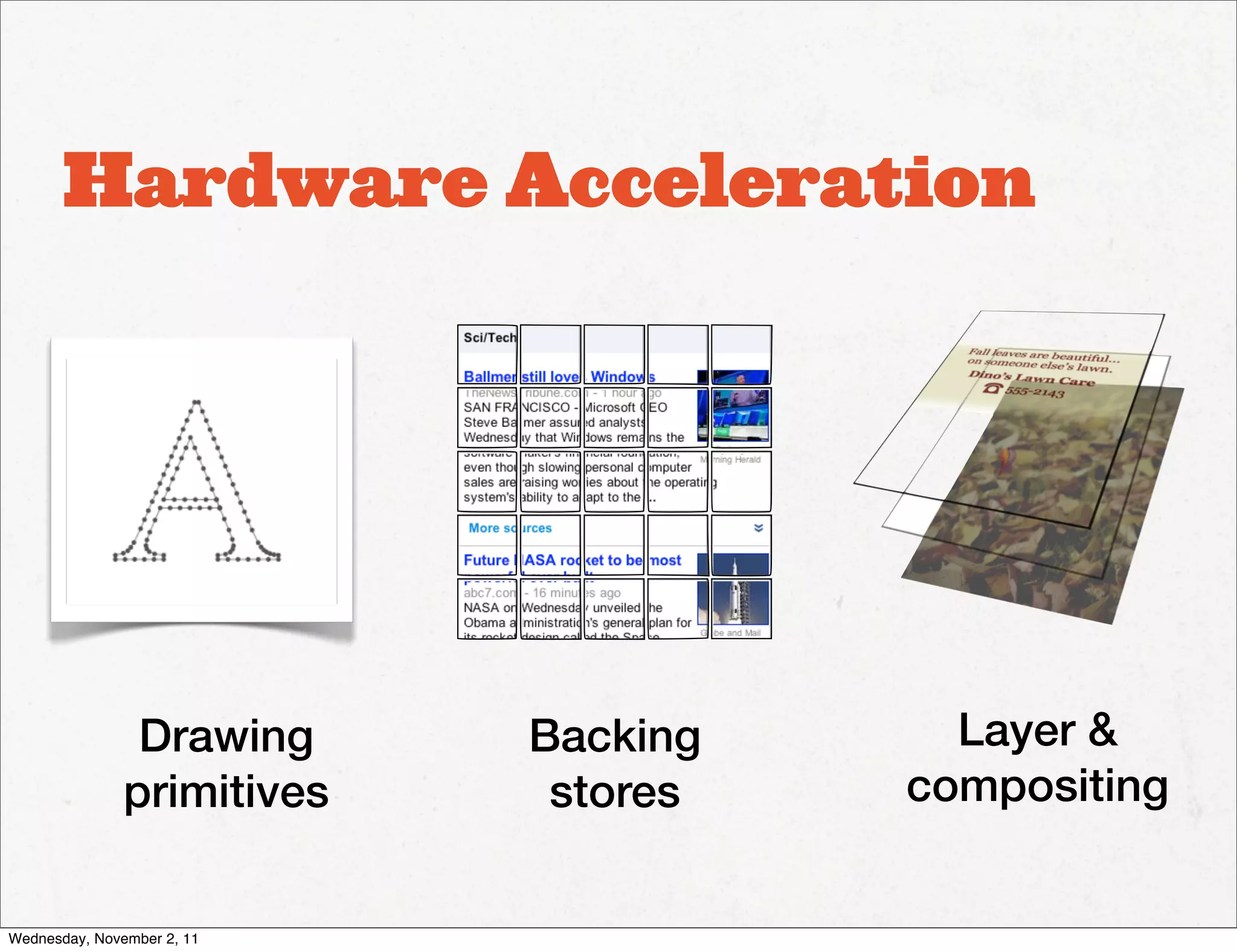 Hardware Acceleration




                Drawing     Backing     Layer &
               primitives    stores   compositing


Wednesday, November 2, 11
 